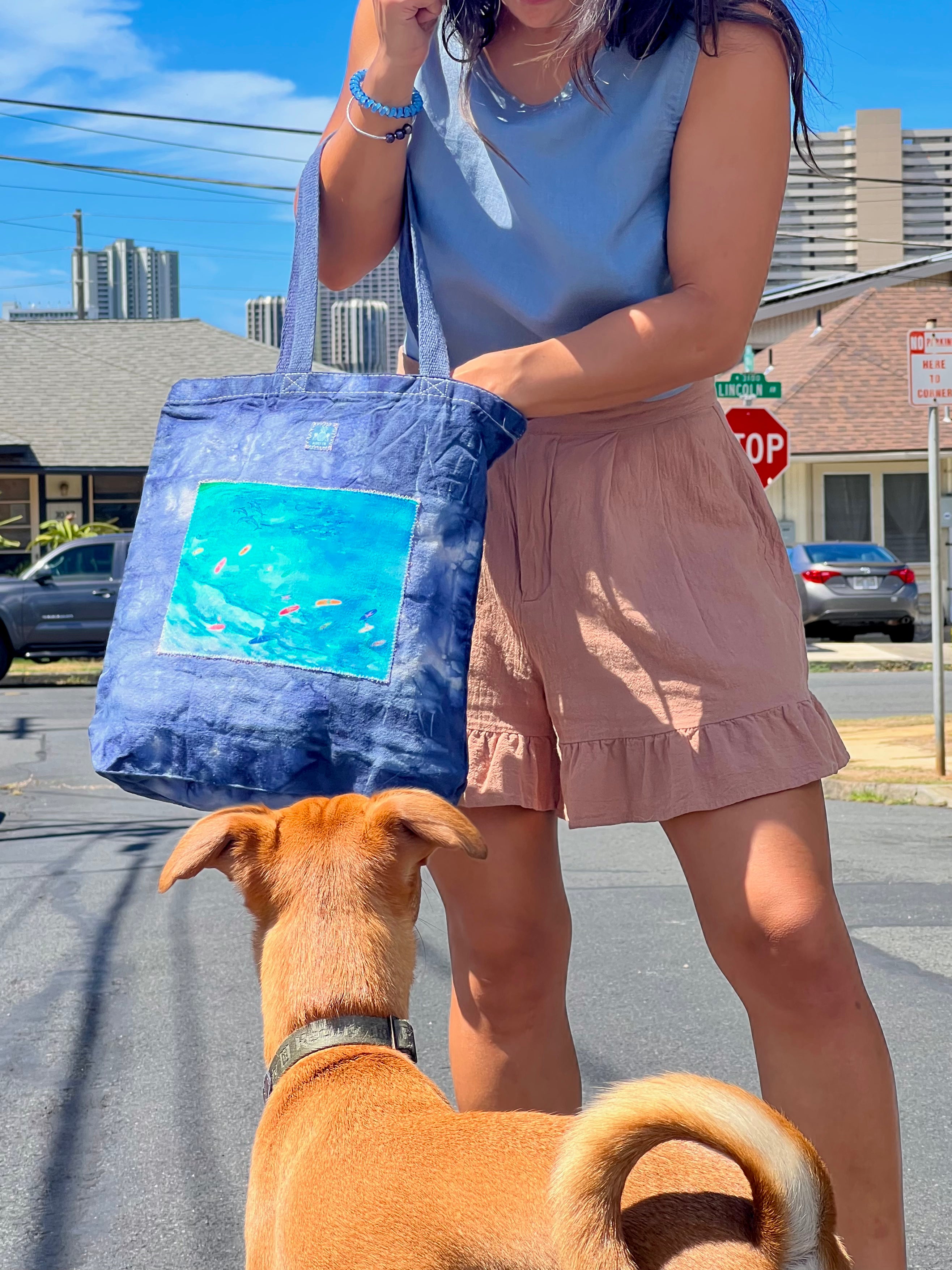 Hand Dyed, "Paradise Surfing" Medium Tote Book Bag