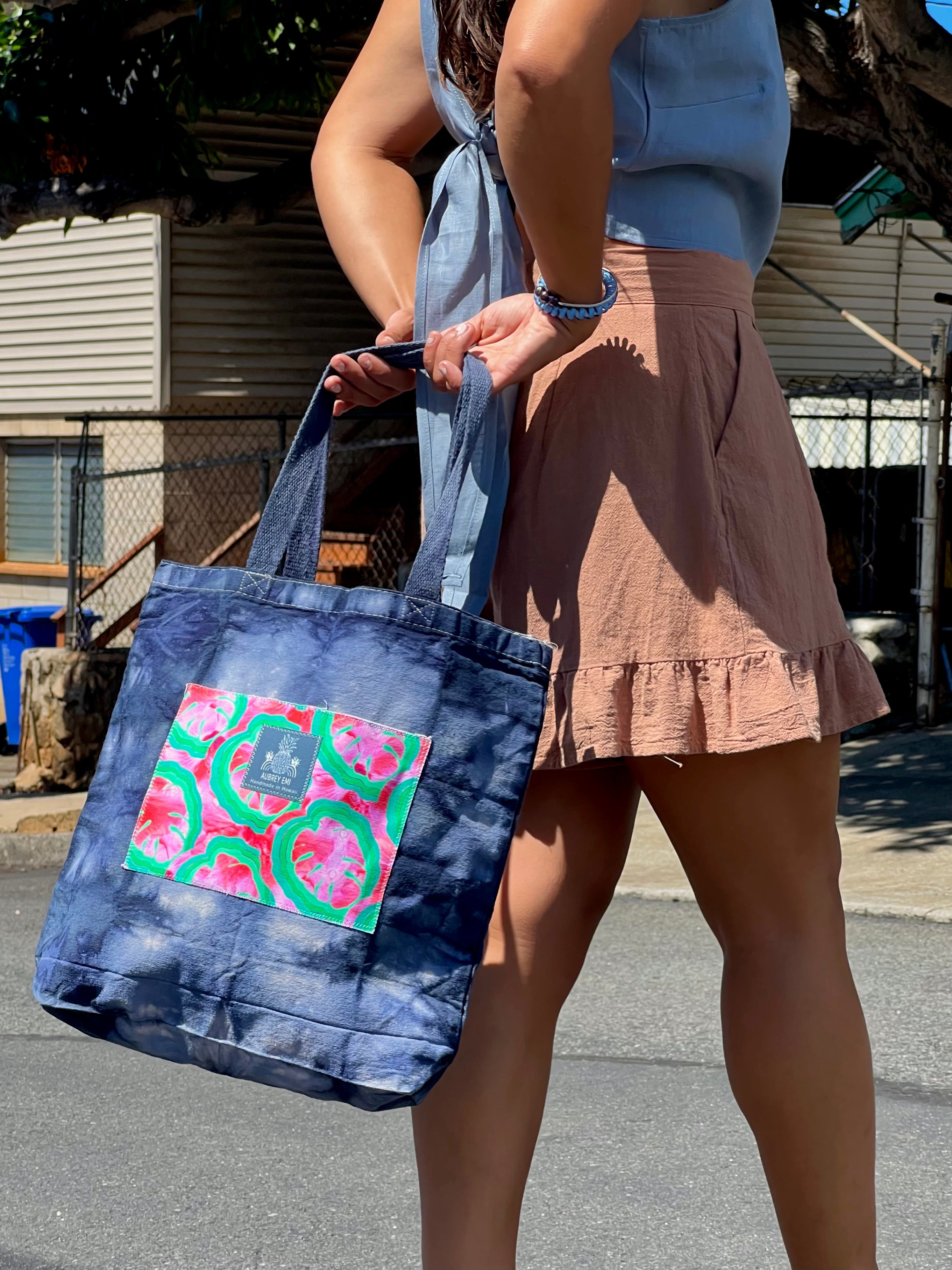 Hand Dyed, "Watermelon Monstera" Medium Tote Book Bag