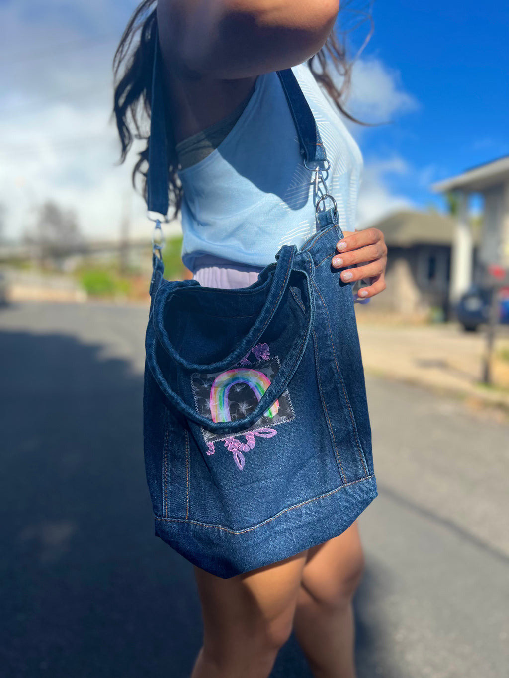 Large Dark Denim Rainbow Crossbody Tote/Purse