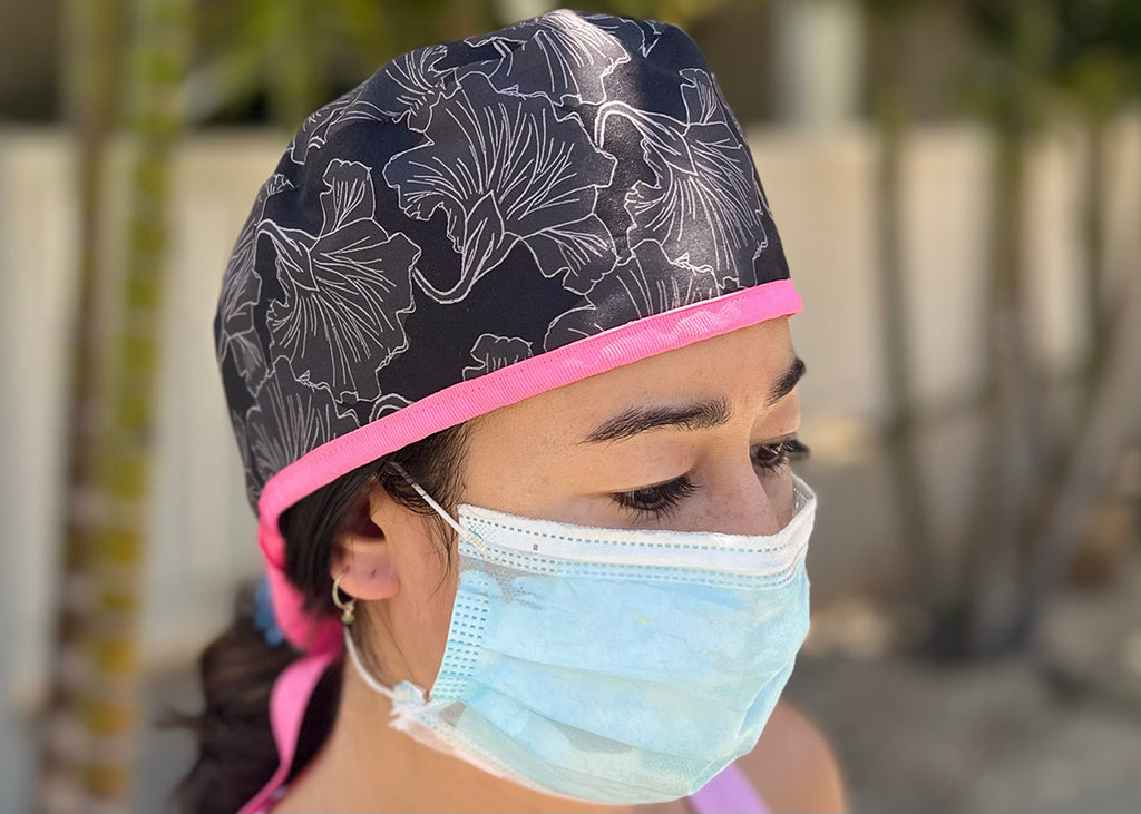 Black Hibiscus Scrub Cap Surgical Cap