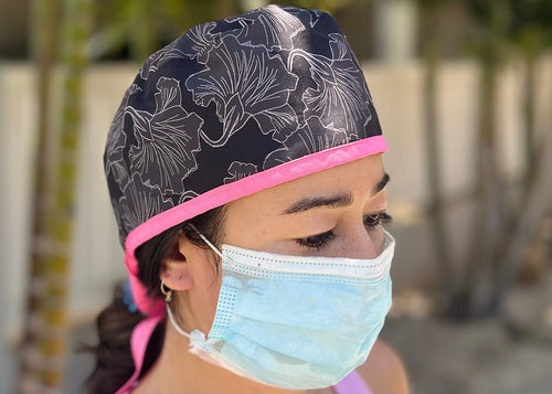Black Hibiscus Scrub Cap Surgical Cap