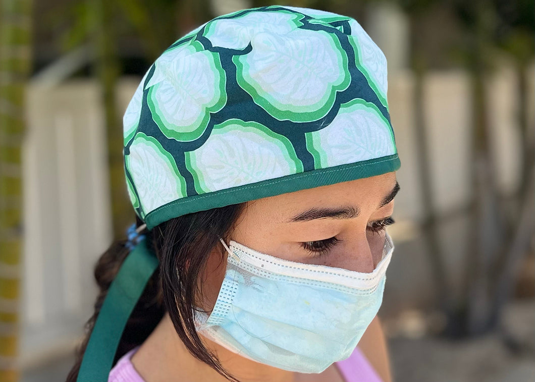 Green Monstera Leaf Scrub Cap Surgical Cap