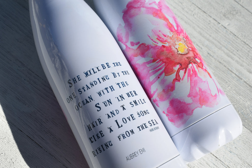 Double Wall Insulated Water Bottle - "Hibiscus & Sea"
