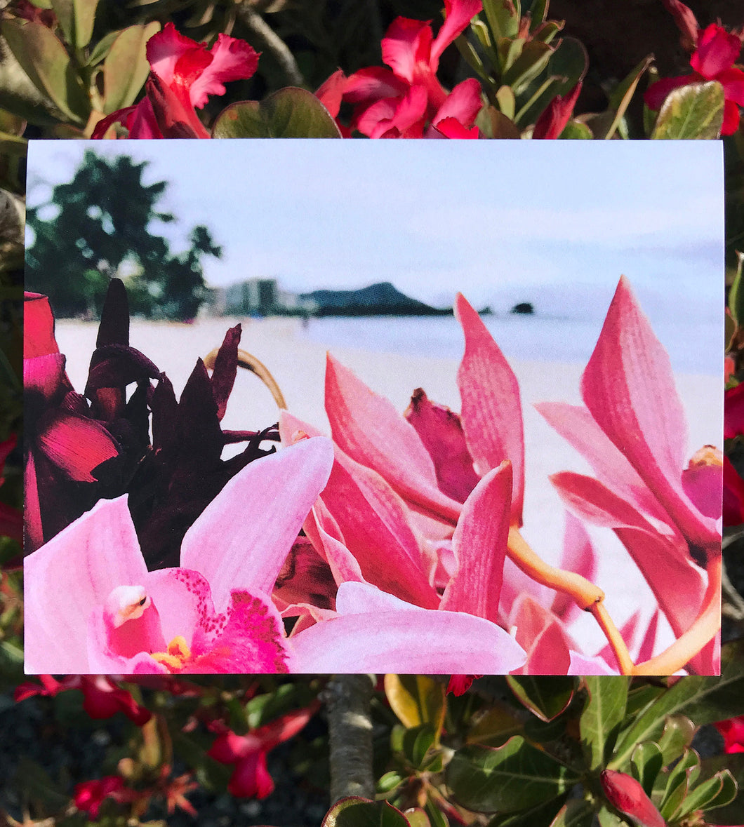 Diamond Head & Orchids Greeting Card